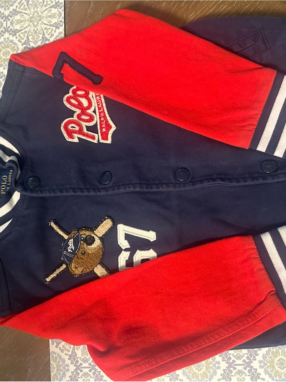 Polo by Ralph Lauren Navy and Red Kids Baseball Jacket with Bear Patch